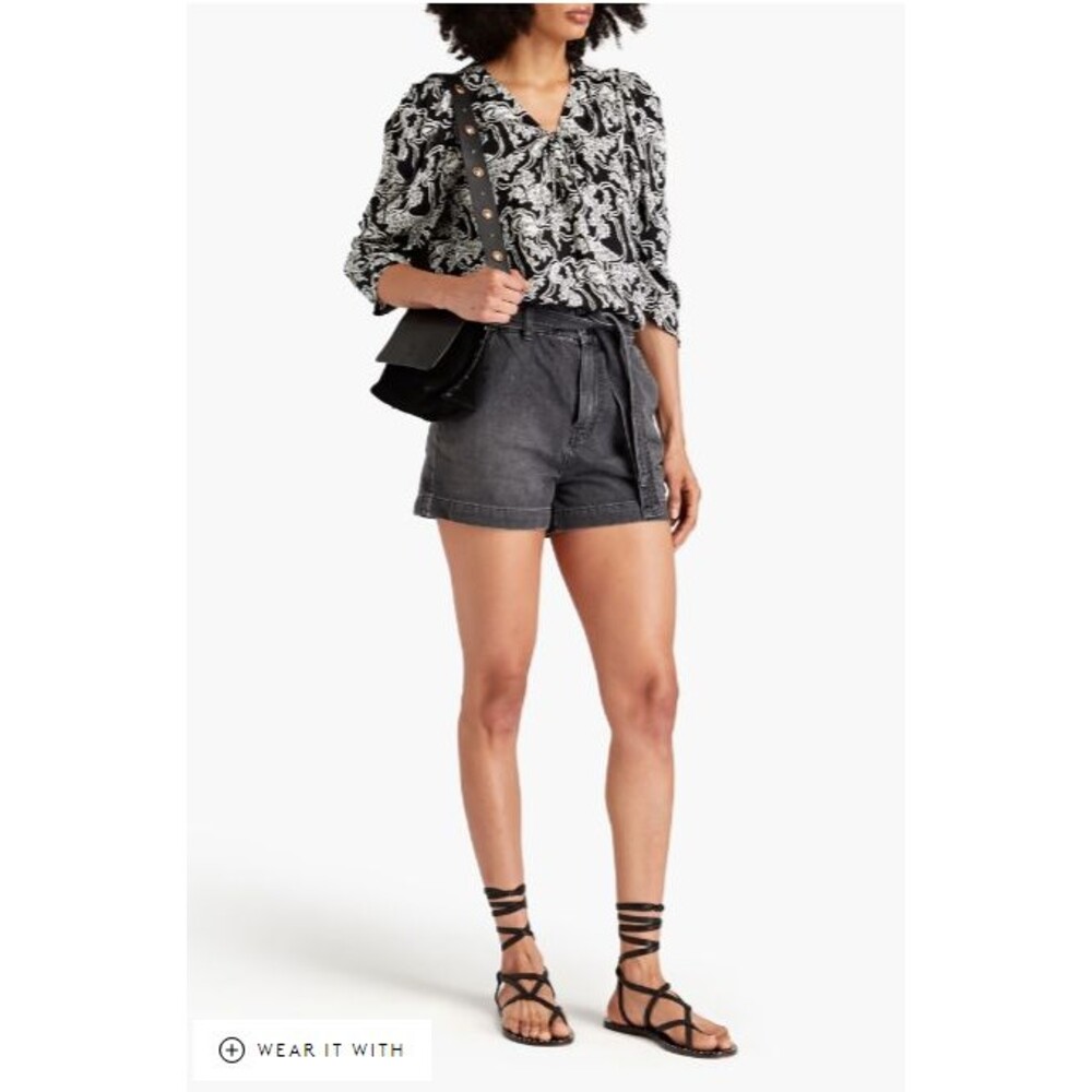 Ba&sh Clark Denim Shorts 3 Large Black High Rise Paperbag Waist Belt Cotton NWT
